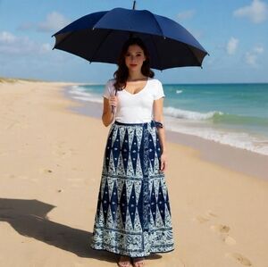 16🍀Lauren Ralph Lauren Navy/White/Grey Wrap Patterned Maxi Skirt